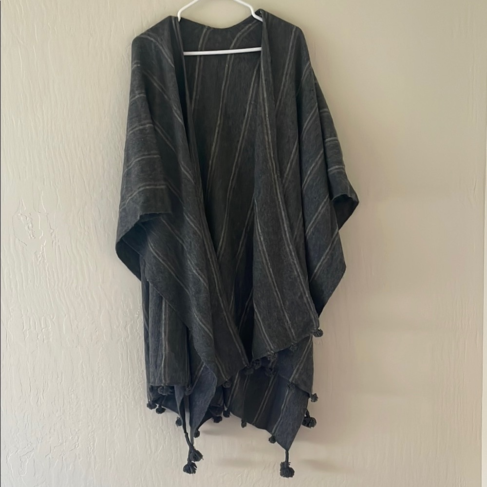 Wool Striped Gray Poncho with Tassels